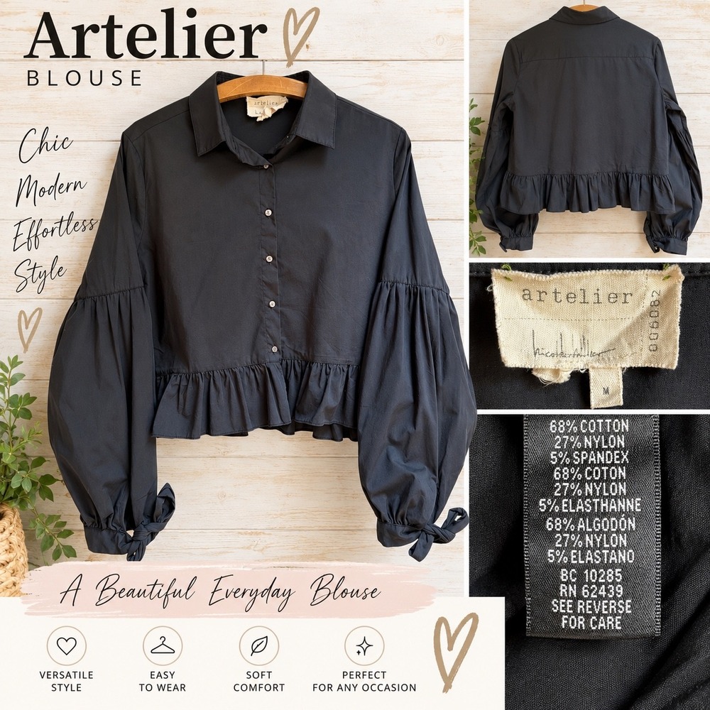 Nicole Miller Artelier Black Ballon Sleeve Ruffle Hem Boho Chic Cropped Blouse M
